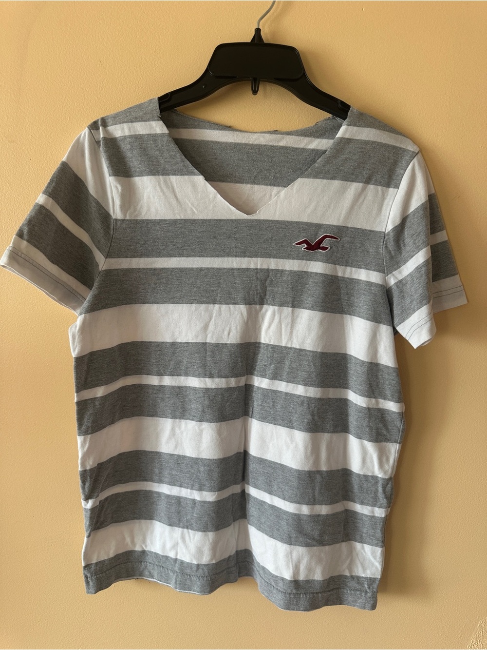 Hollister Gray & White Striped V-Neck Tee